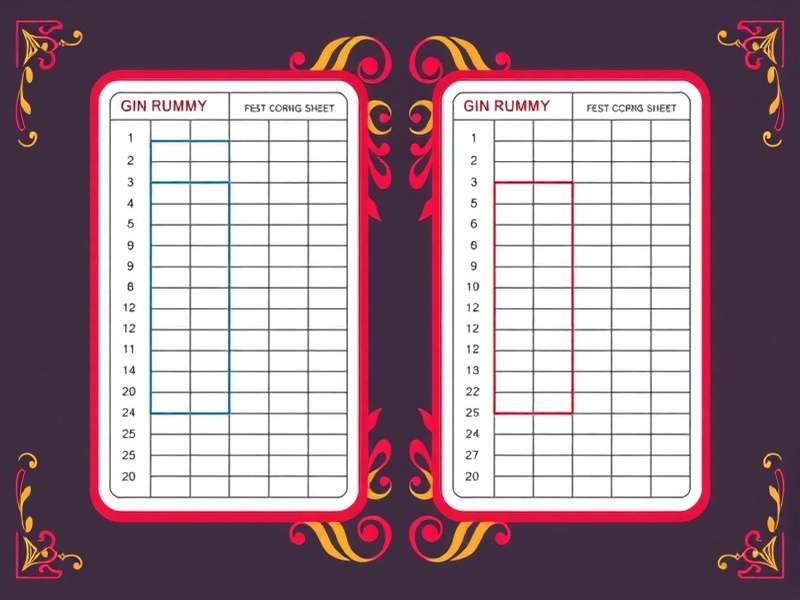 Professional Gin Rummy scoring sheet and cards on a wooden table