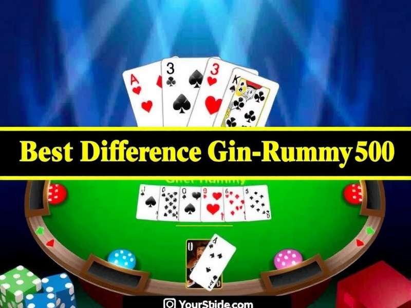 Side by side comparison of Gin Rummy and Rummy 500 card layouts on a wooden table