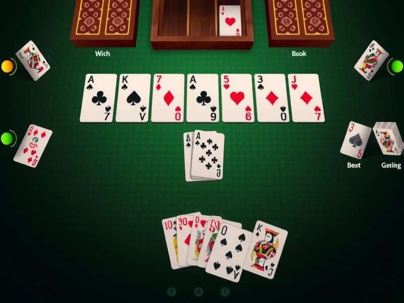 Gin Rummy card game setup with cards and chips on a green felt table, Indian theme